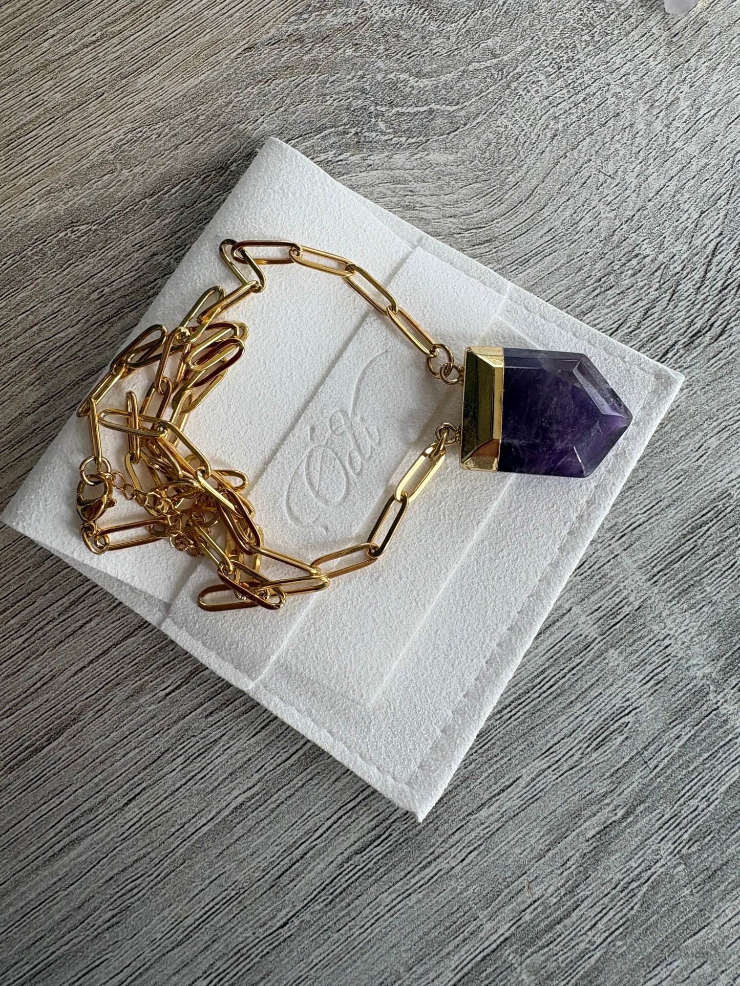 Amethyst Gemstone Paperclip Necklace Gold Stainless Steel