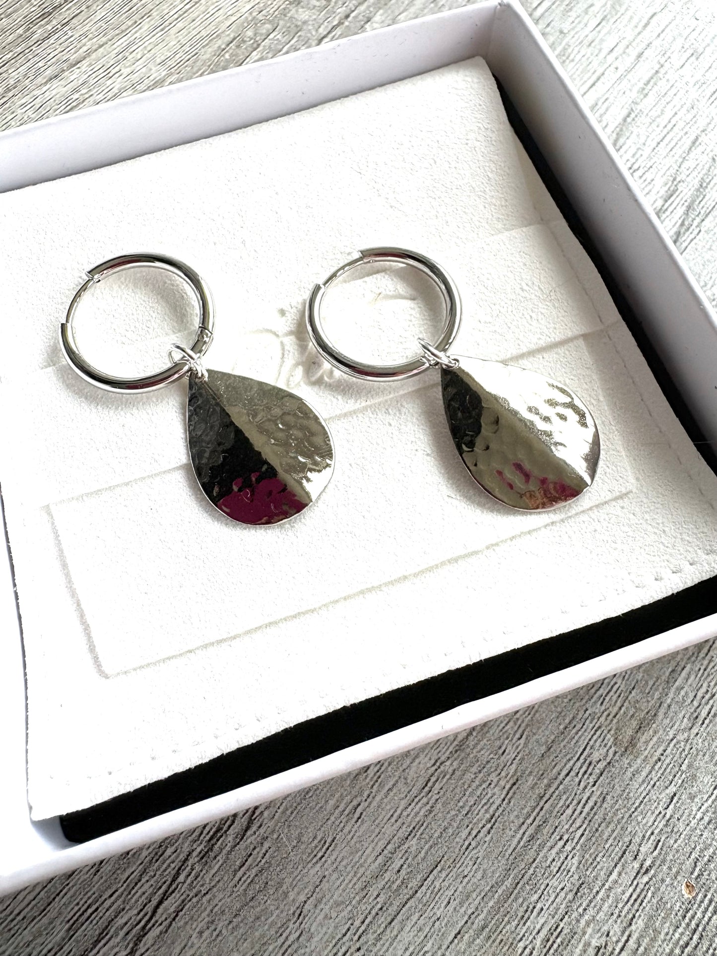 Hammered Texture Petal on Hoops Silver
