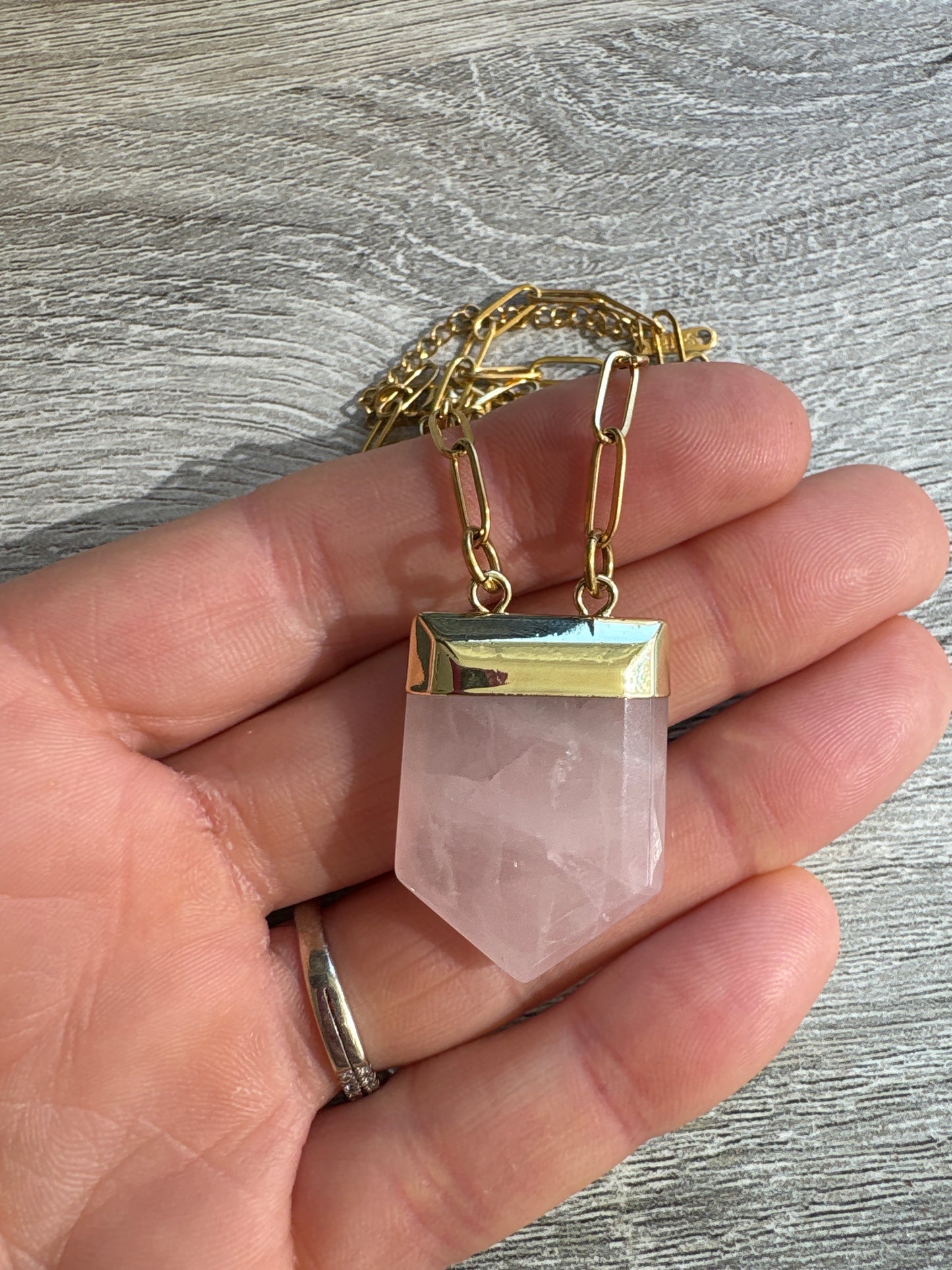 Rose Quartz Gemstone Paperclip Necklace Gold Stainless Steel