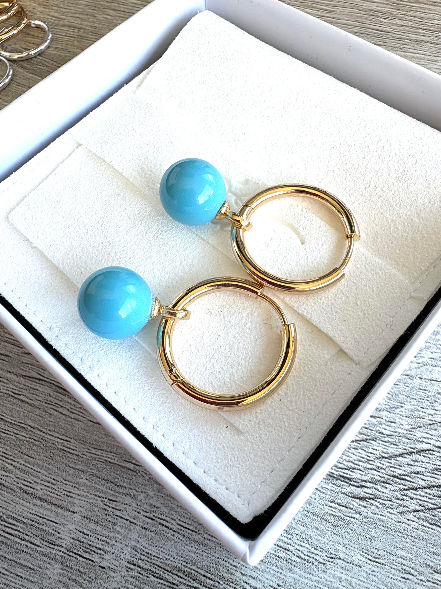 Primero Turquoise Pearl Rounds on Stainless Steel Gold or Silver Hoops or Huggies