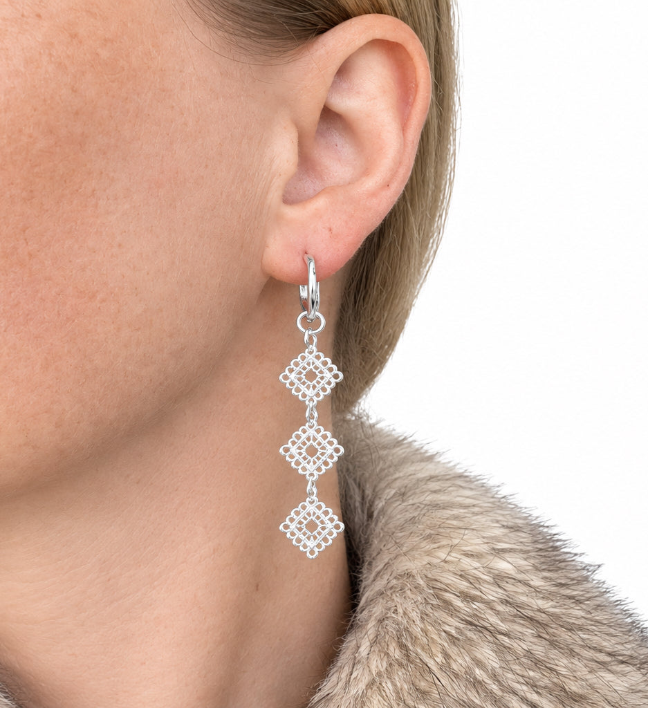 Rhombus Lace Statement Silver Earrings