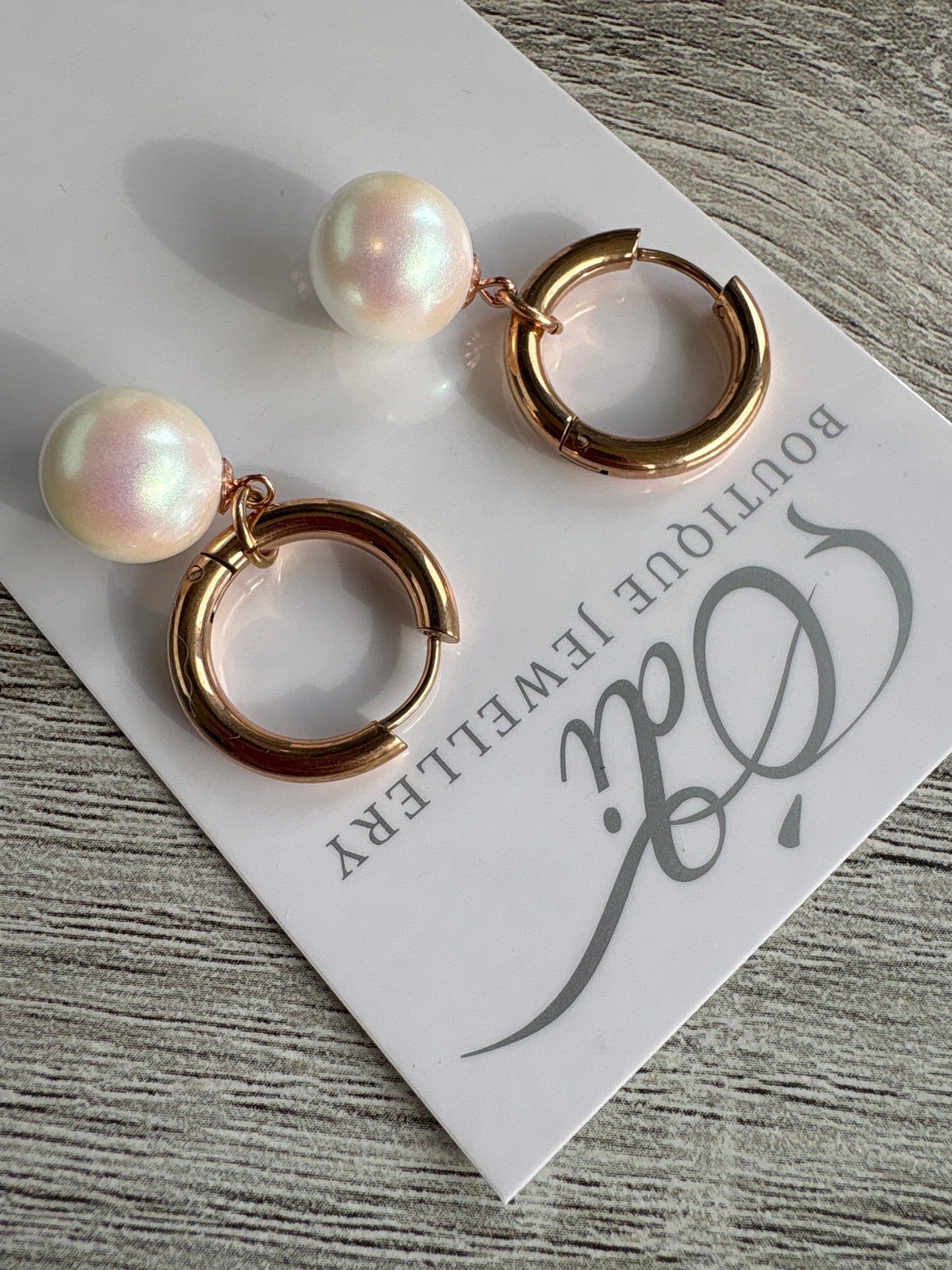 Pearl Rounds on Stainless Steel Rose Gold Hoops