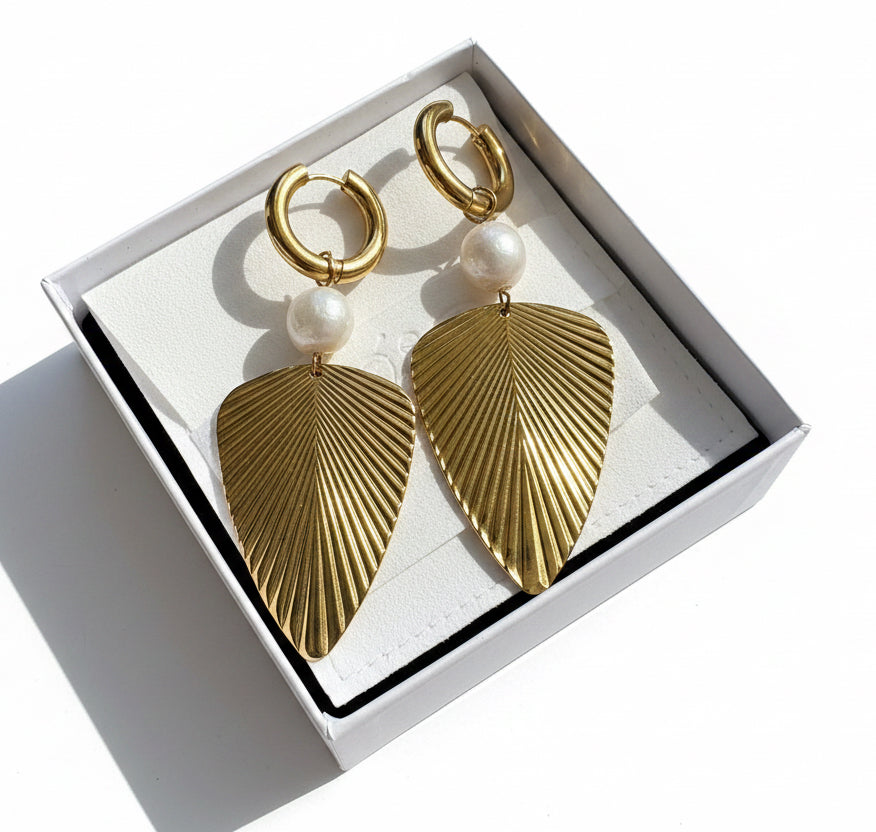 Tropical Pearl Palm Earrings Gold or Silver