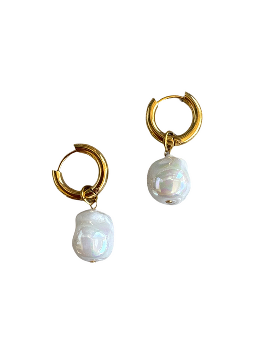 Baroque Pearl Huggie Hoops Gold
