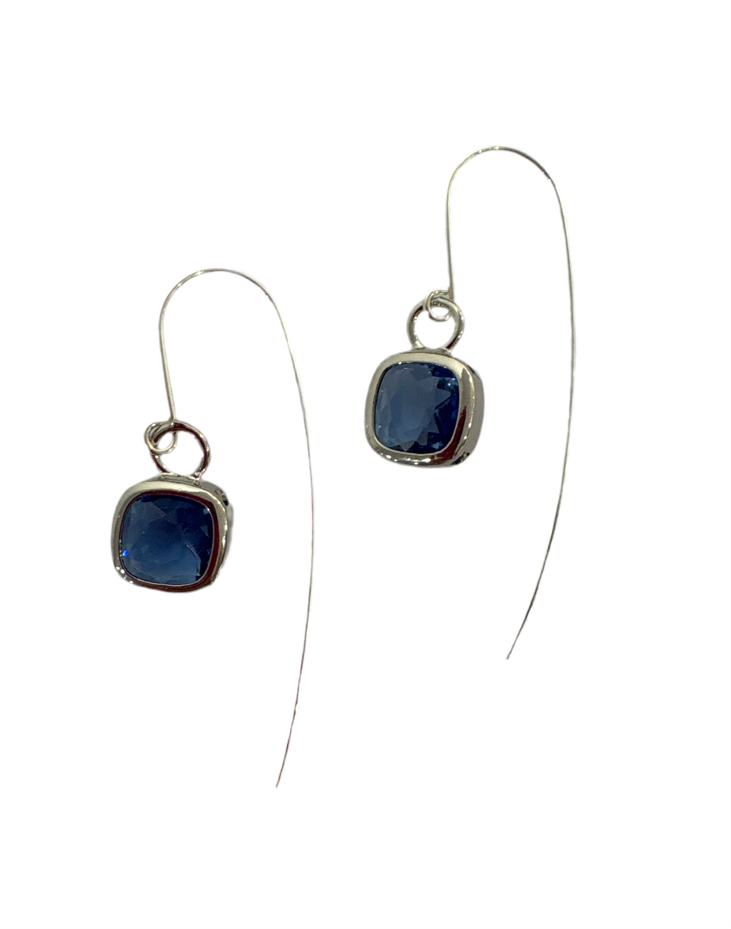 Glass Cushion on Ear Wires Silver/ Sapphire Blue