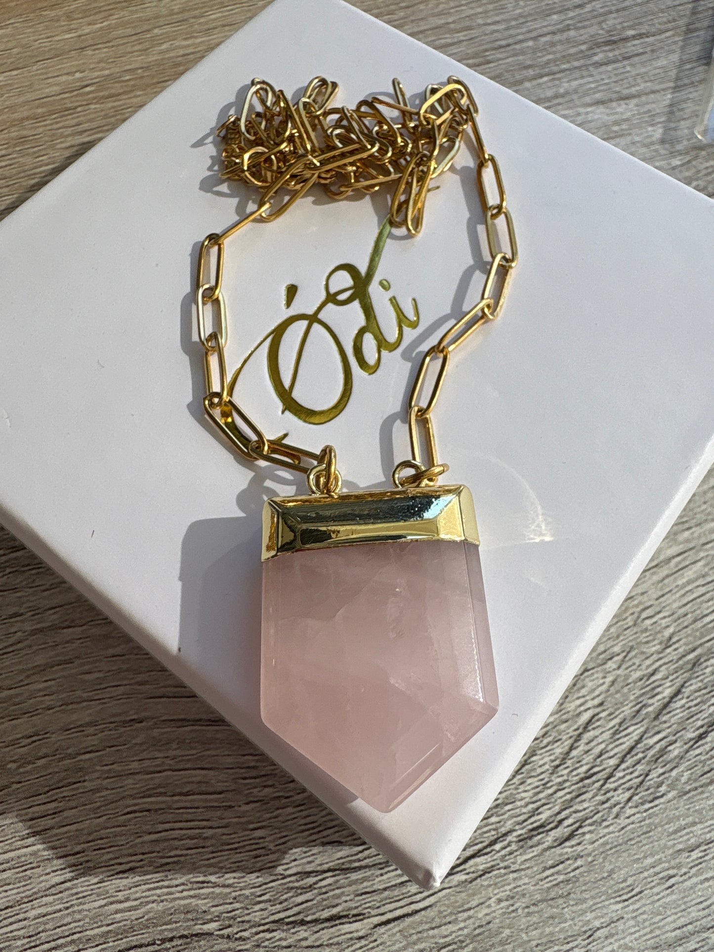 Rose Quartz Gemstone Paperclip Necklace Gold Stainless Steel