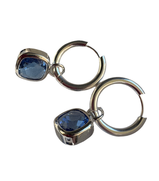 Glass Cushion Hoops Silver/Sapphire
