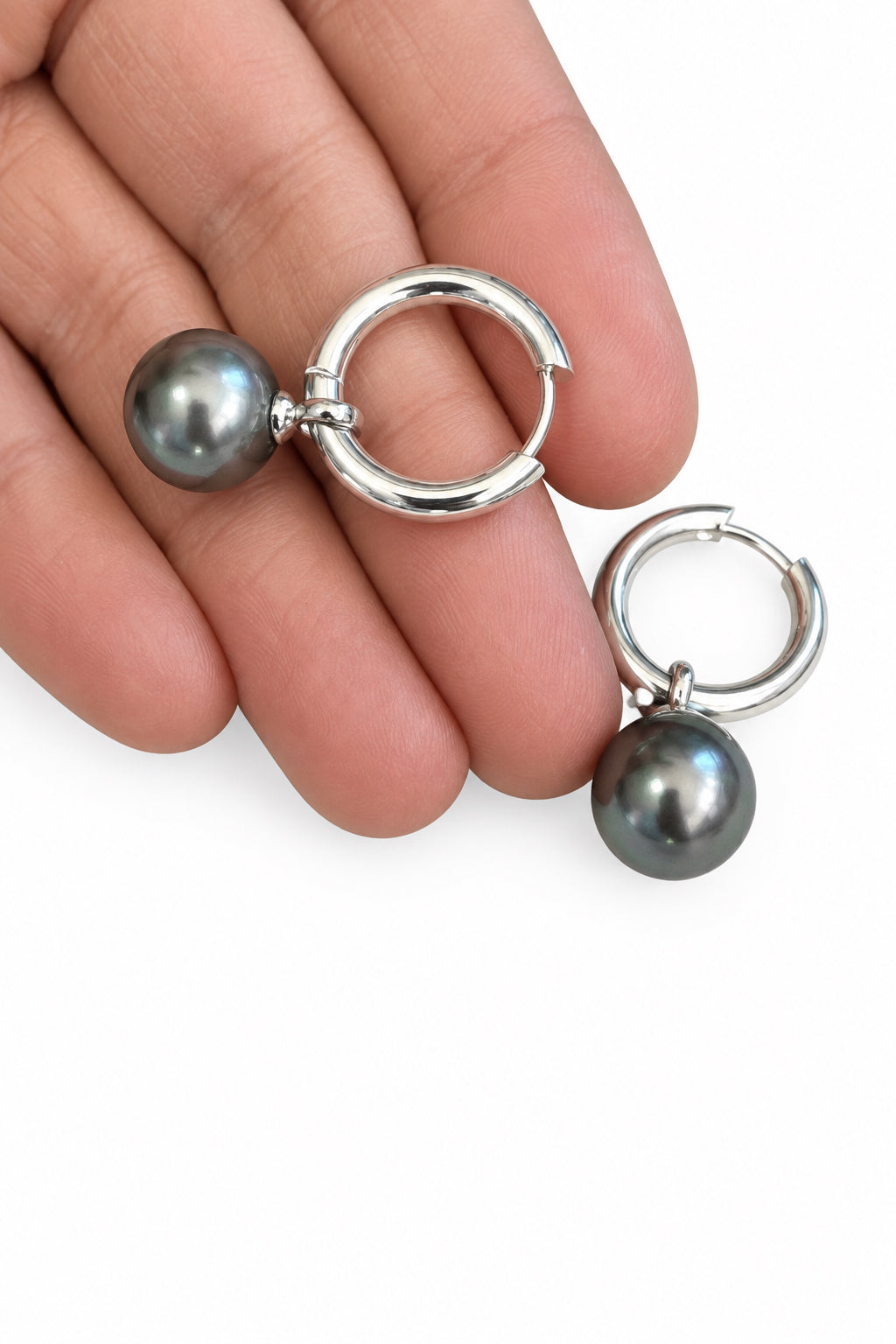 Grey Pearl Rounds on Silver or Gold Hoops