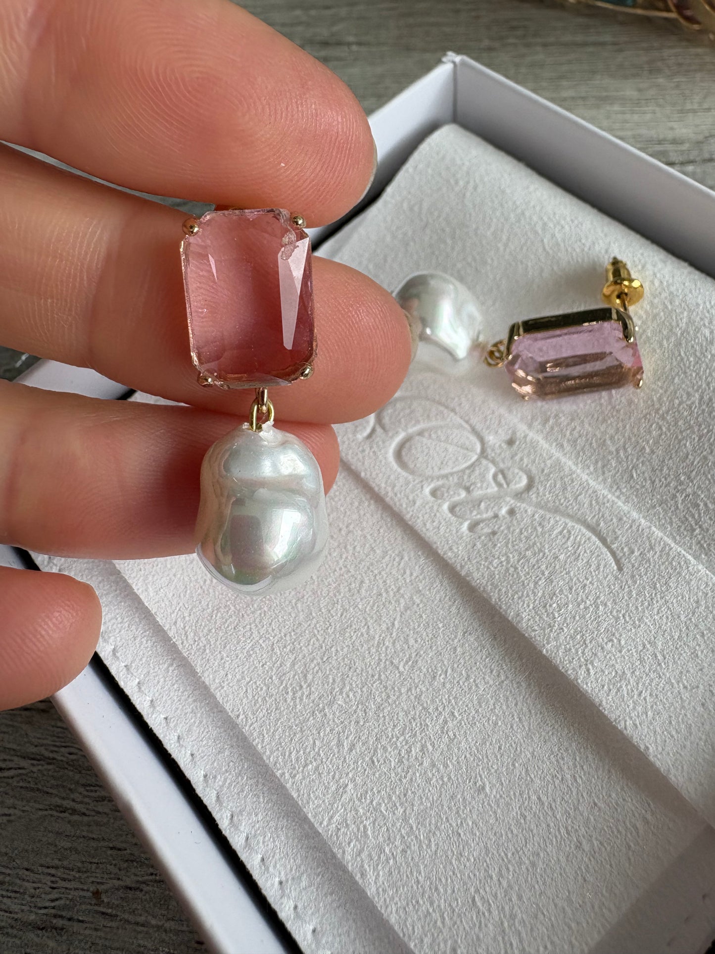Pink Rectangle Cushions with Baroque Pearl Stud Dangles