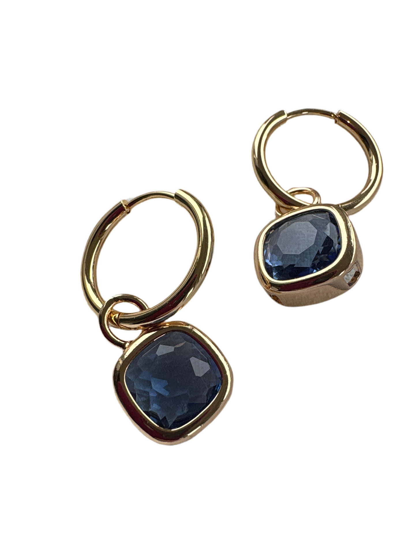 Glass Cushion Hoops Sapphire Blue Gold