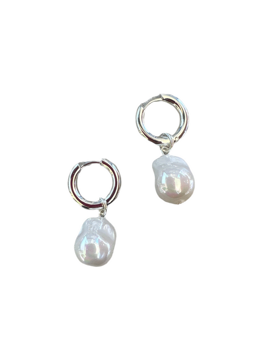 Baroque Pearl Huggie Hoops Silver