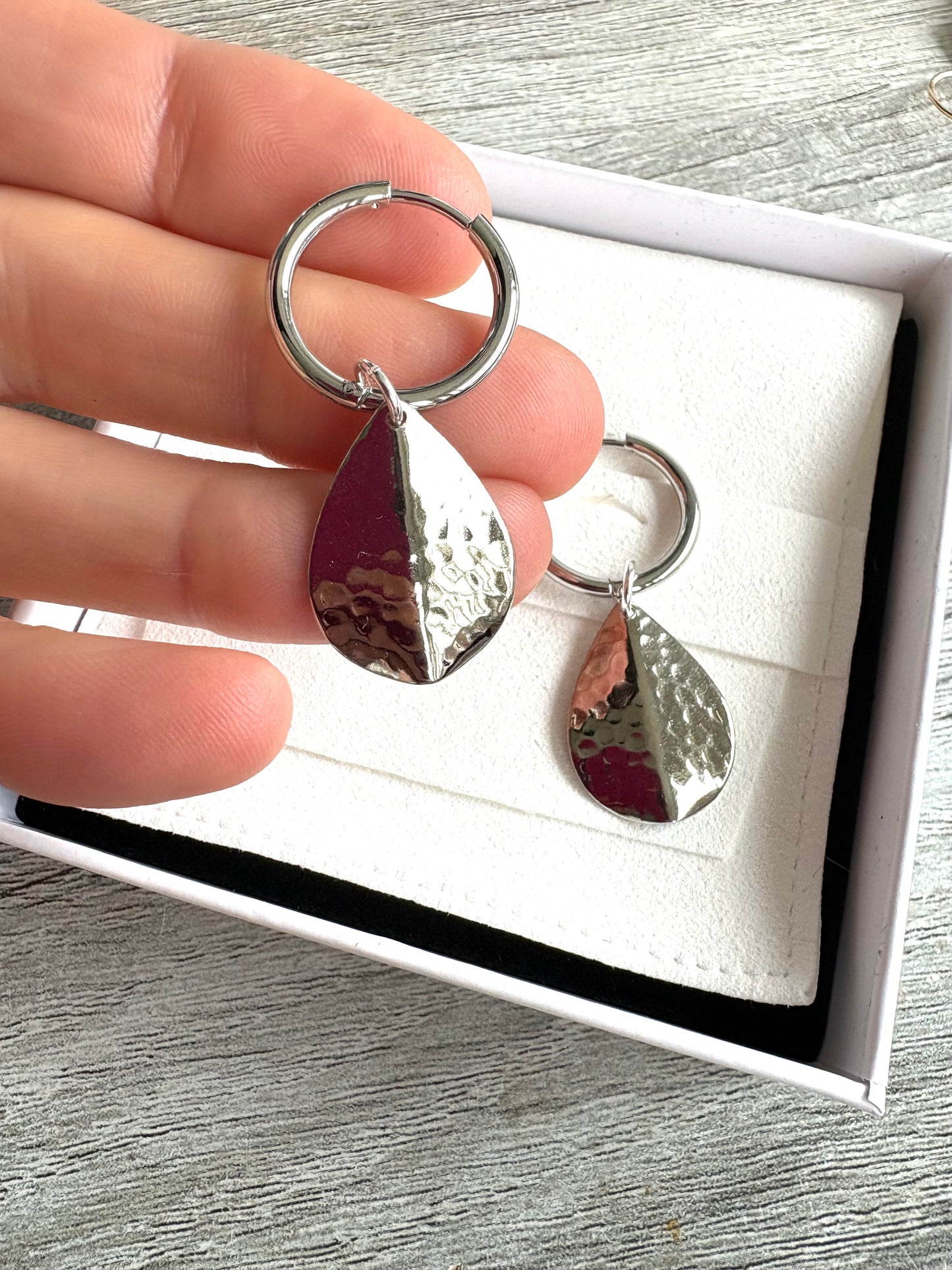 Hammered Texture Petal on Hoops Silver