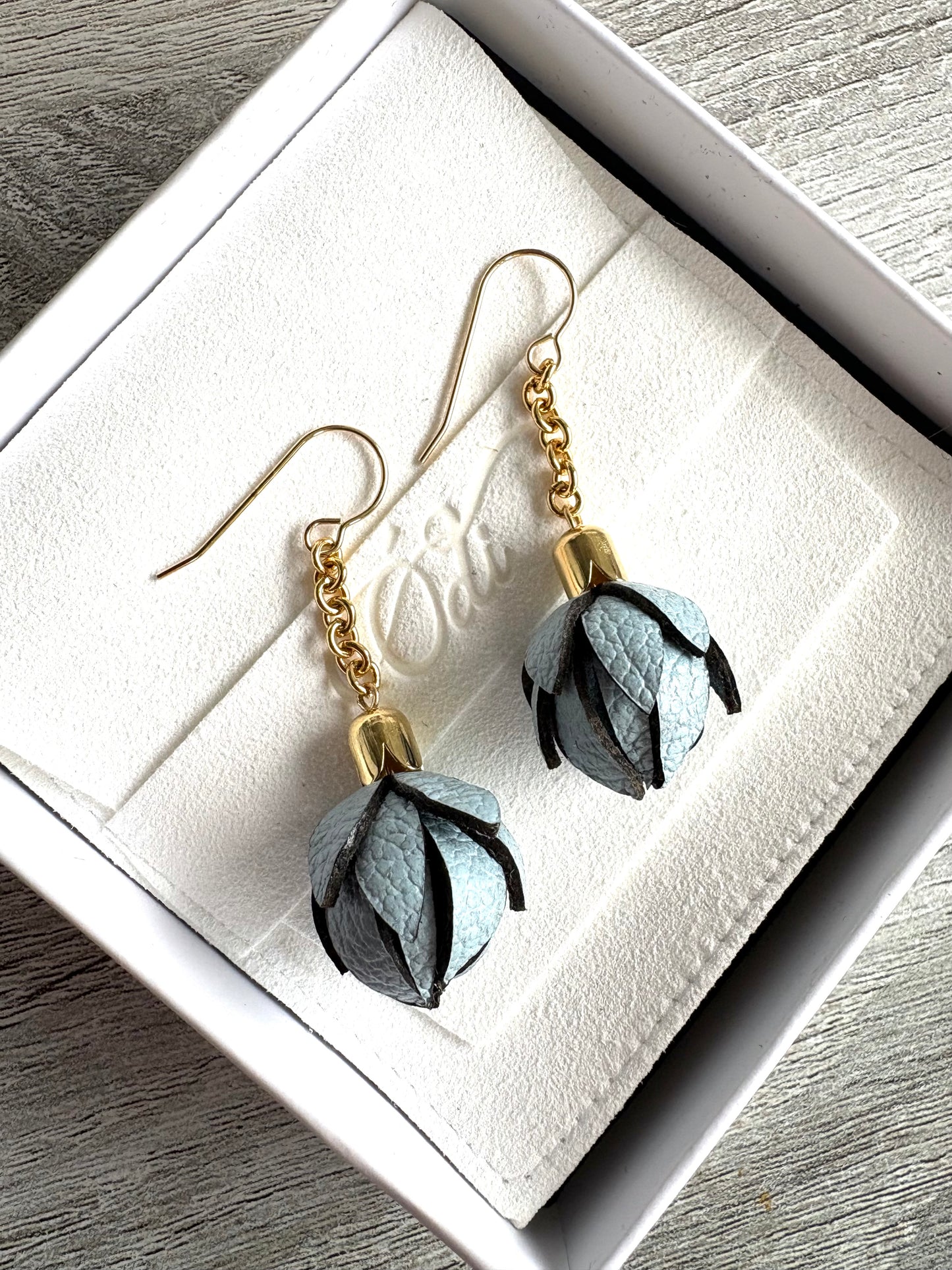 Light Blue Wild Flower Leather Chain Earrings