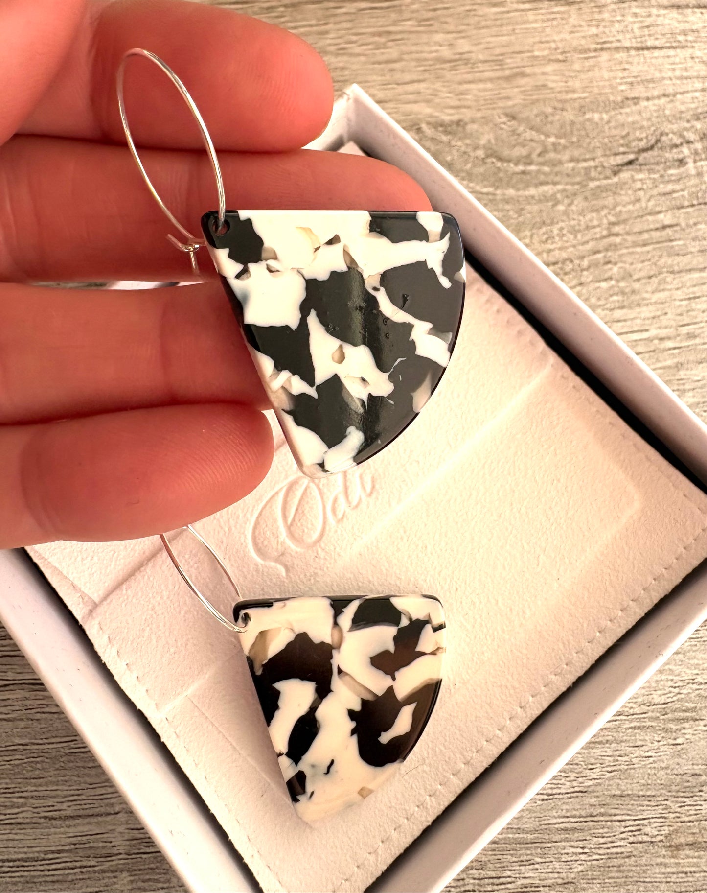Tortoiseshell Black and White Triangle Hoop Earrings