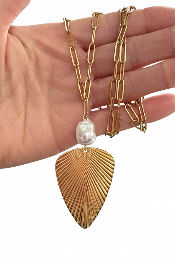 Palm Leaf Tropical Baroque Pearl Stainless Steel Necklace