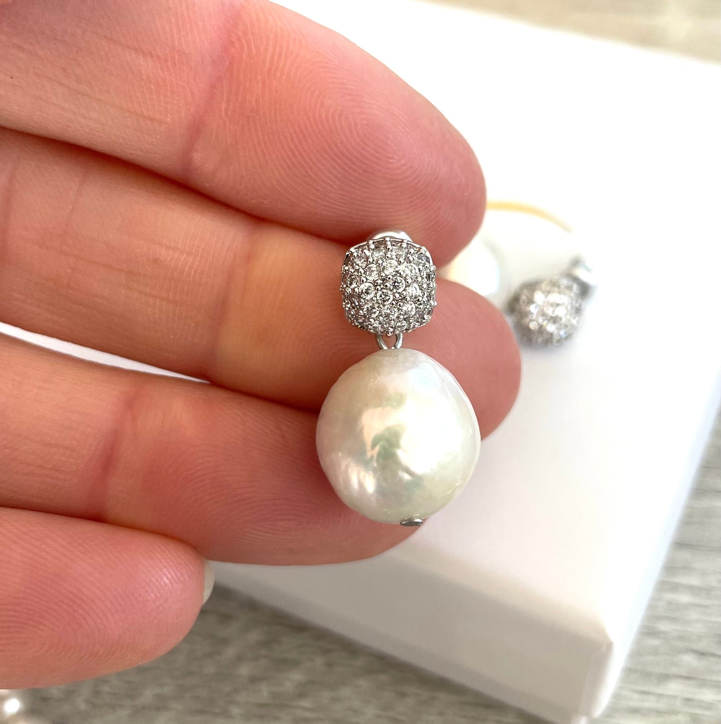 Cubic Zirconia-Fresh Water Pearl-Cushion Earrings #236