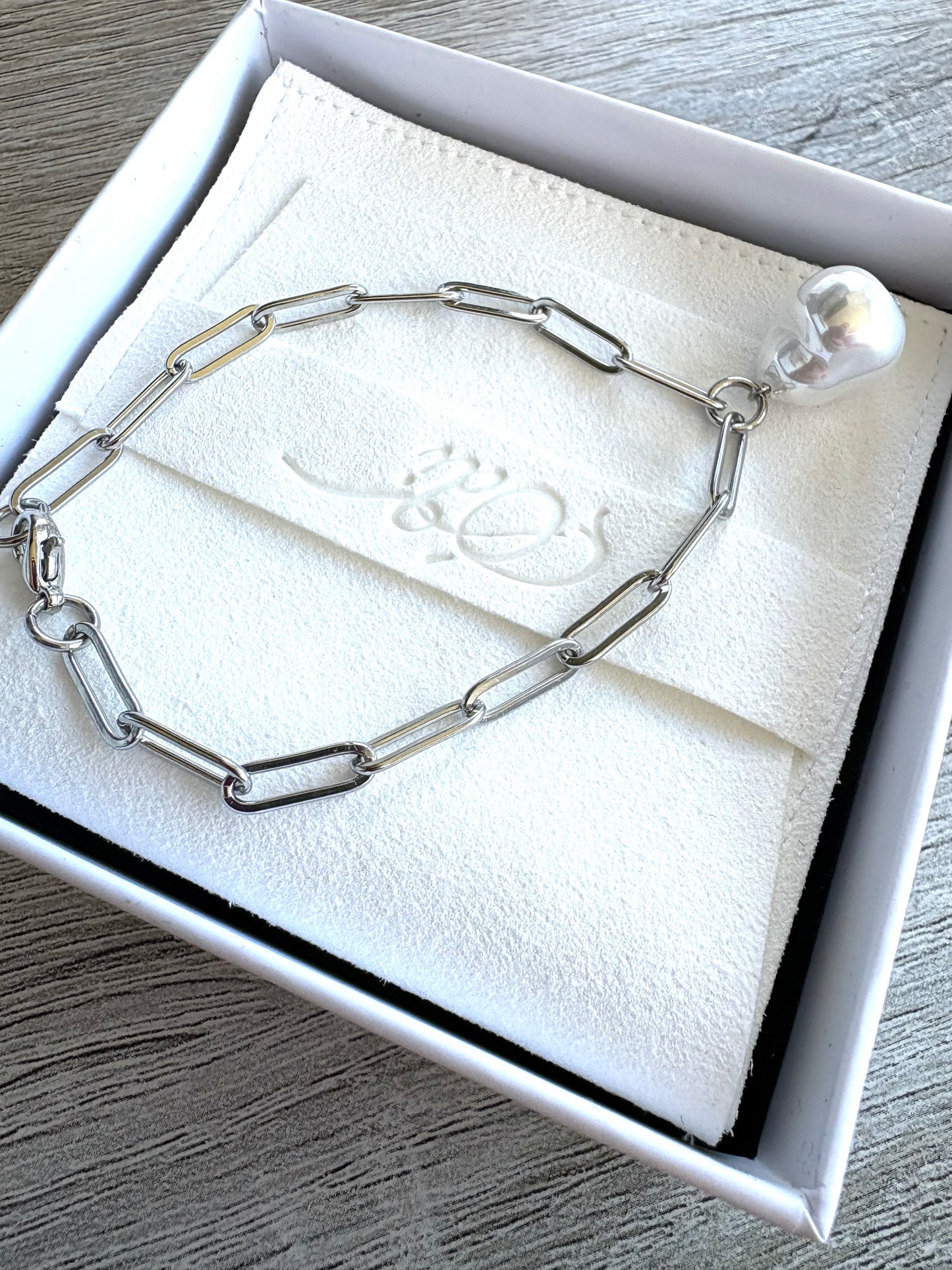 Baroque Pearl Bracelet on Stainless Steel Paper Clip Chain