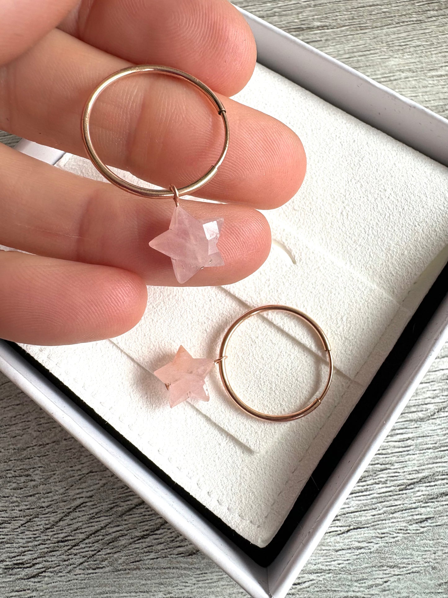 Rose Quartz Rose Gold Filled Star Hoops