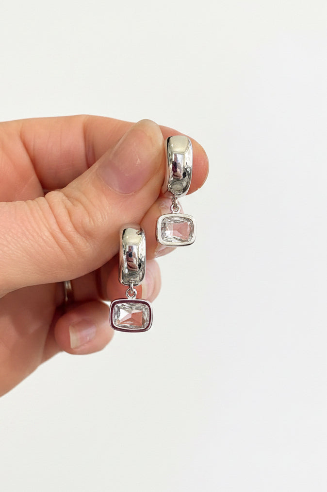 Clear Rectangle Jewels on Wide Silver Huggies
