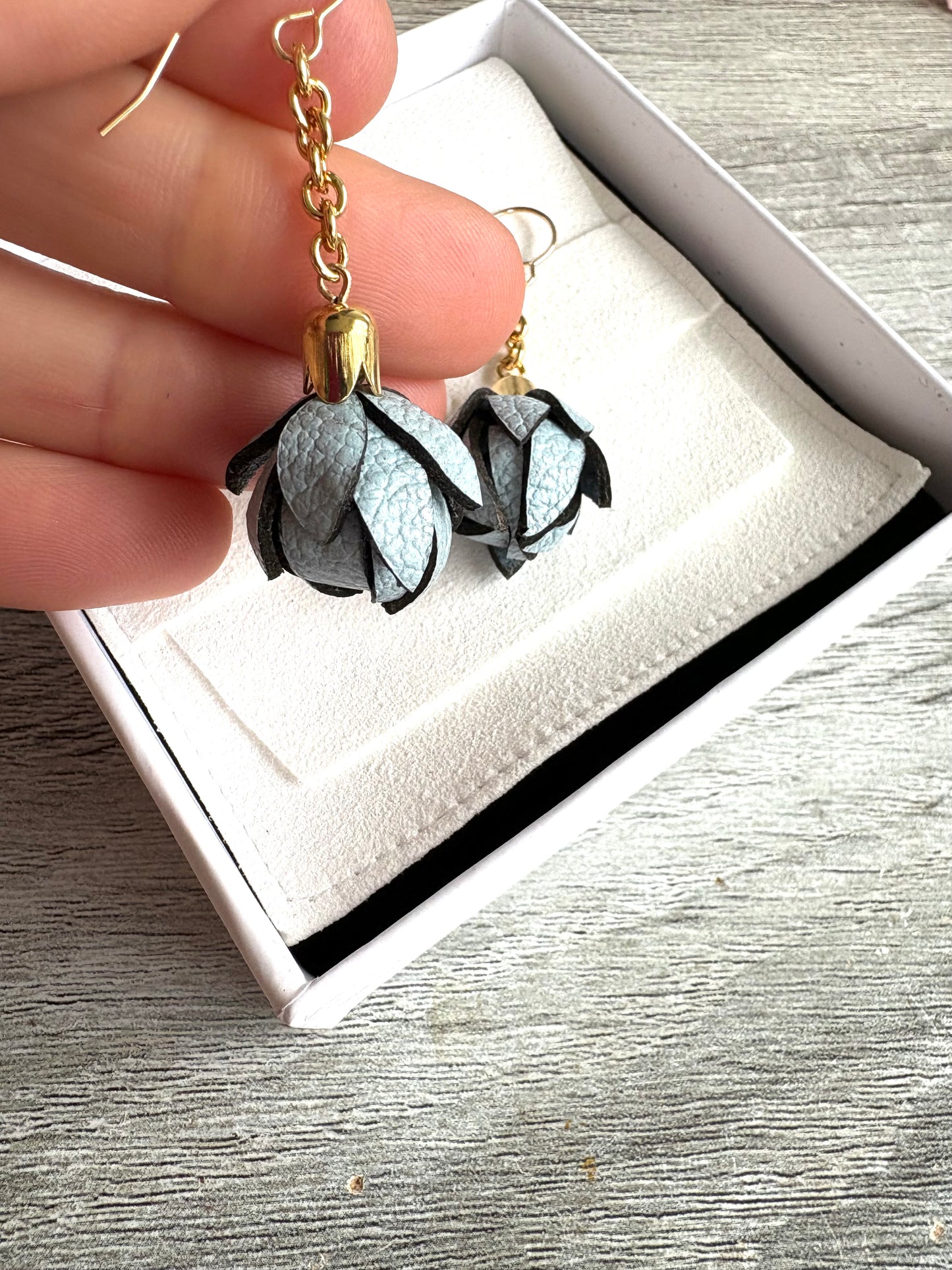 Light Blue Wild Flower Leather Chain Earrings