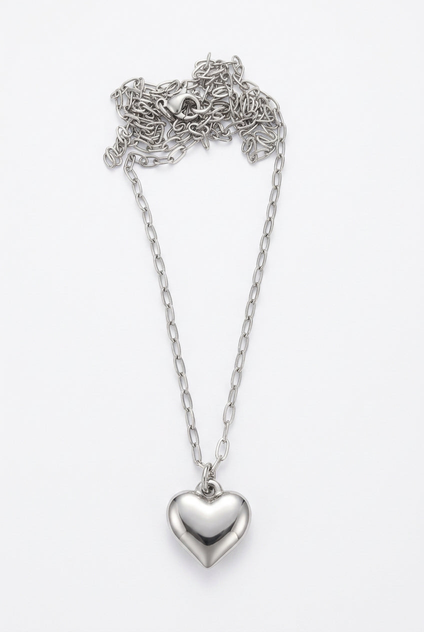 Heart On and String- Stainless Steel Silver Necklace
