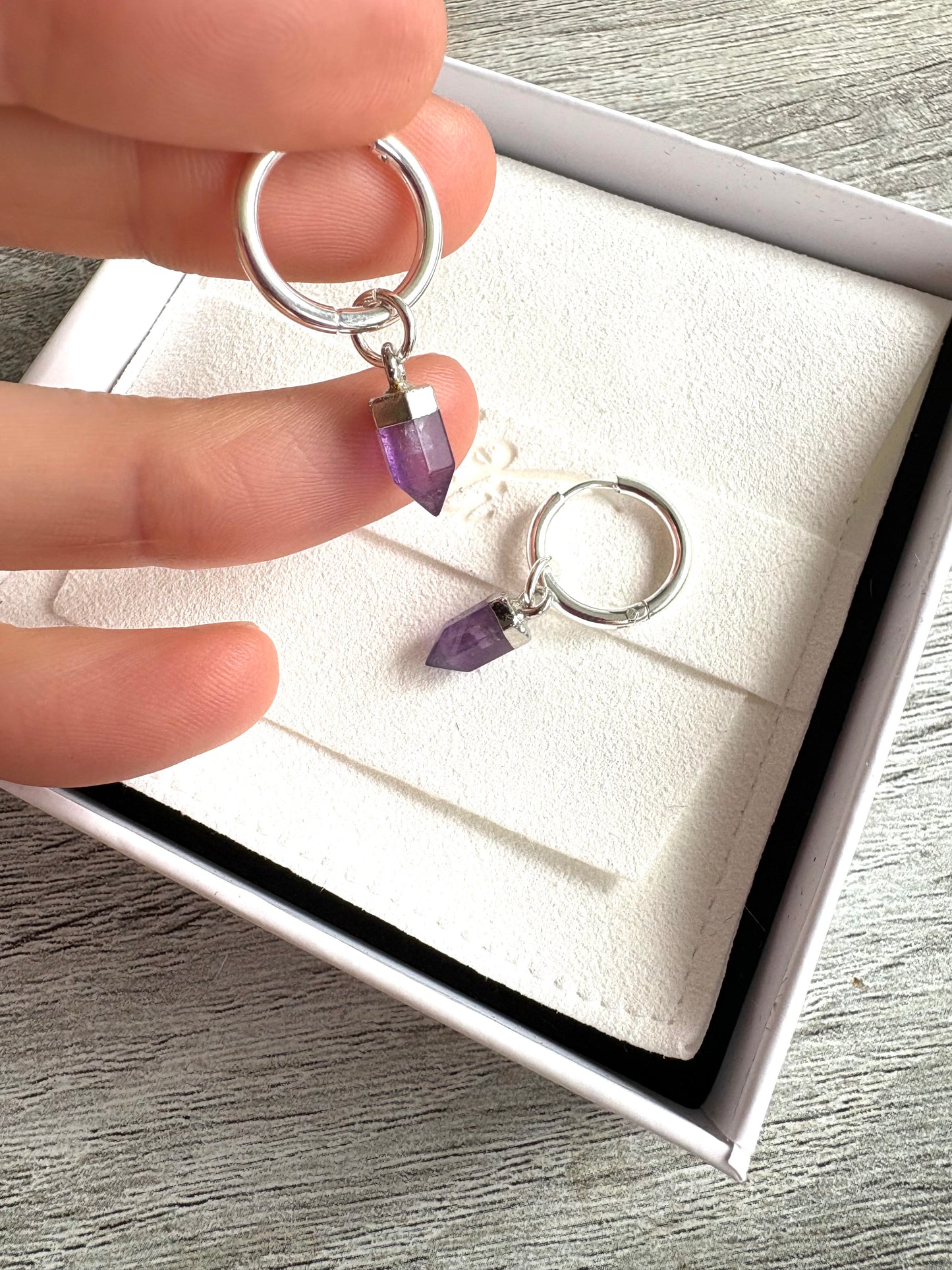 Amethyst Point Crystal Hoop Earrings Stainless Steel