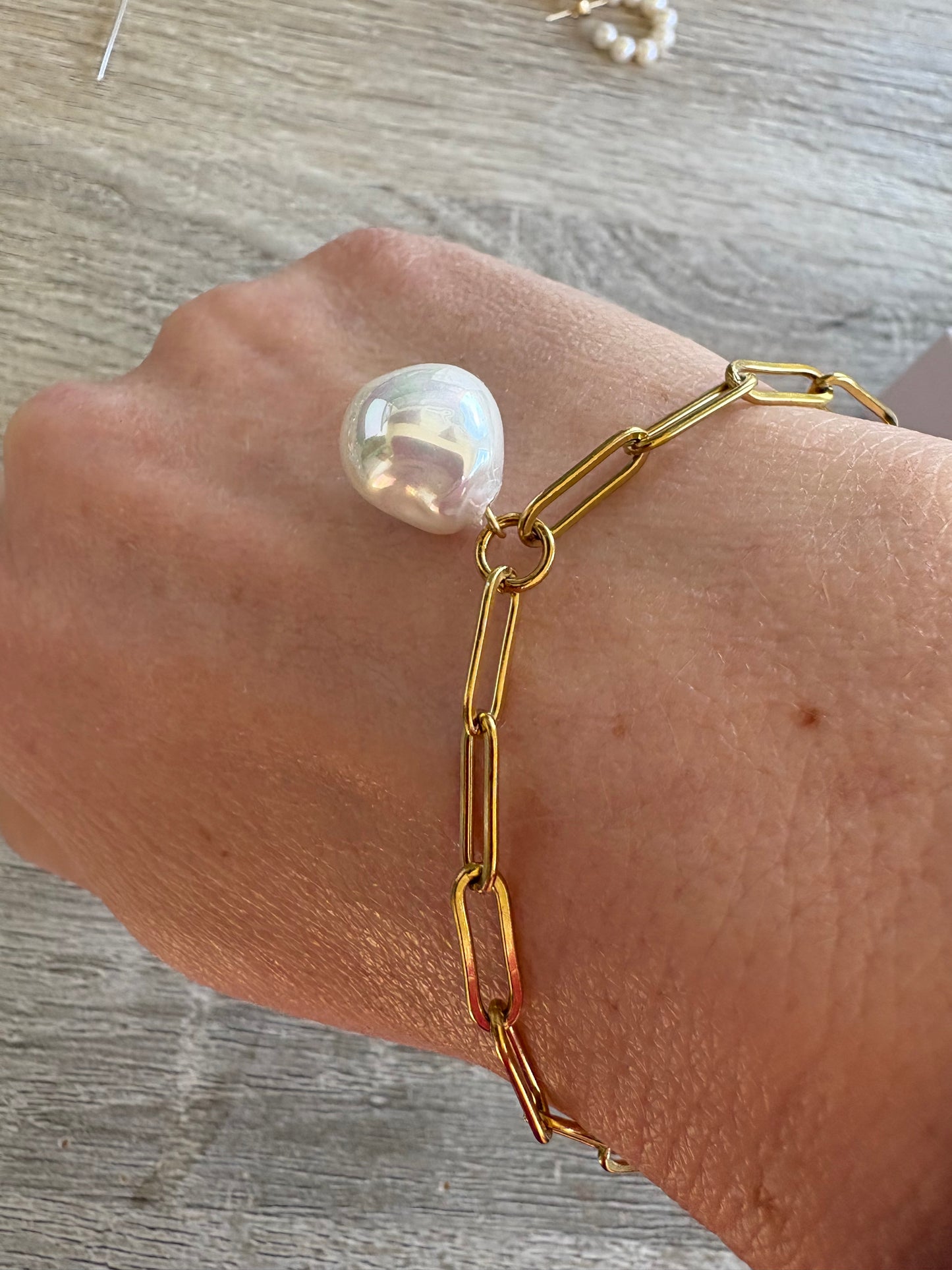 Baroque Pearl Bracelet on Stainless Steel Paper Clip Chain