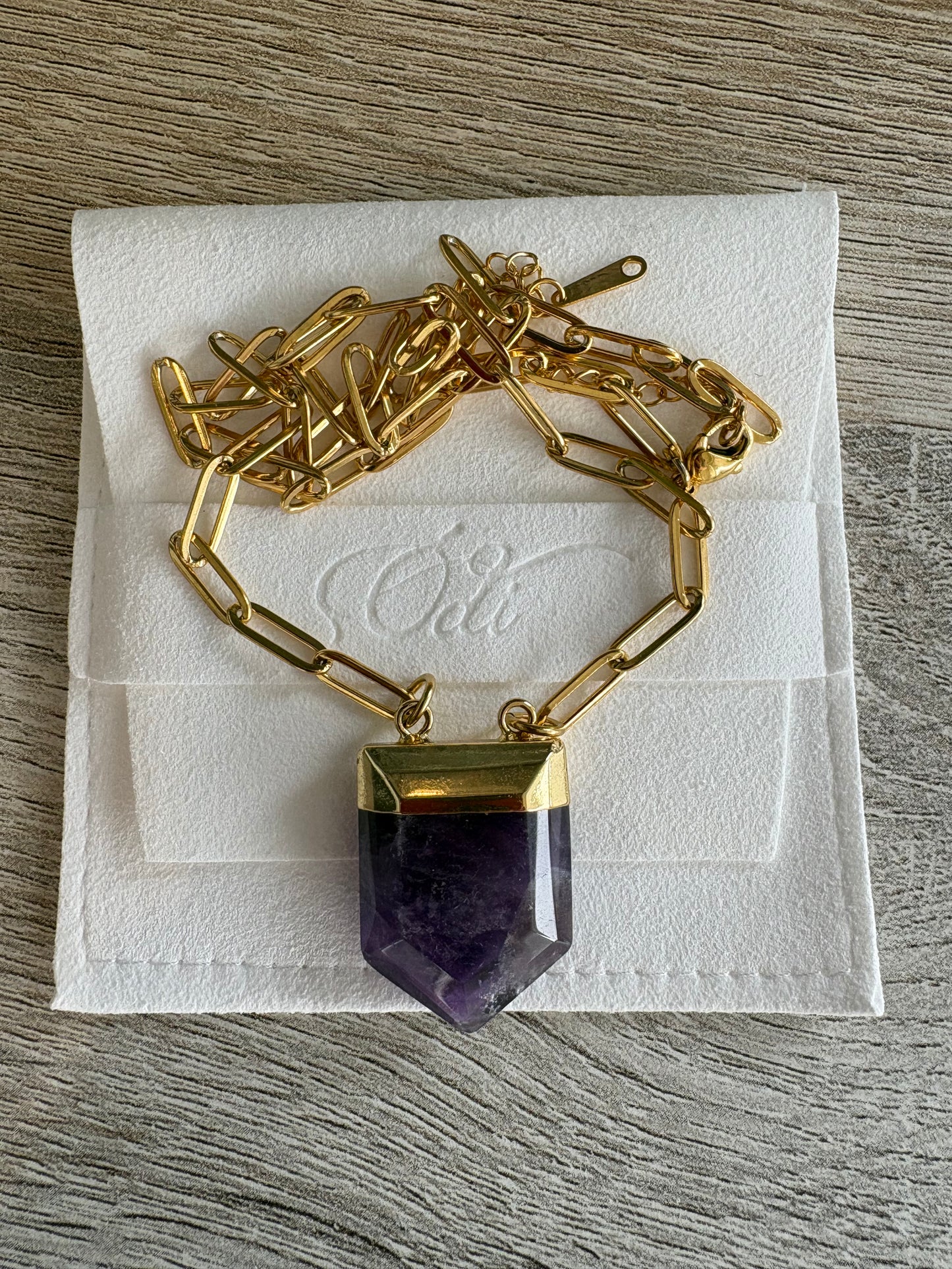 Amethyst Gemstone Paperclip Necklace Gold Stainless Steel