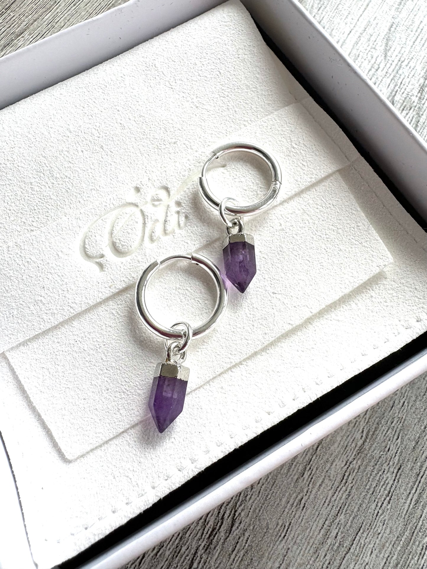 Amethyst Point Crystal Hoop Earrings Stainless Steel