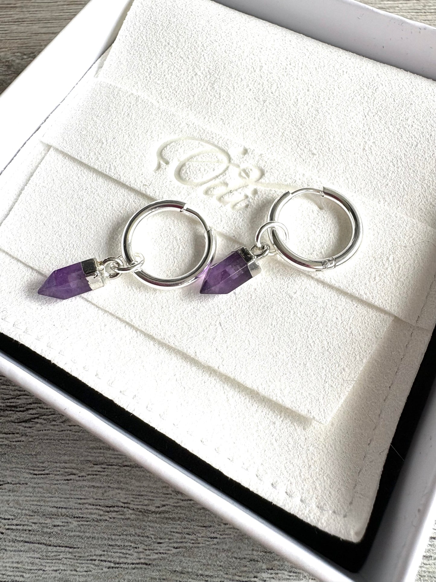 Amethyst Point Crystal Hoop Earrings Stainless Steel
