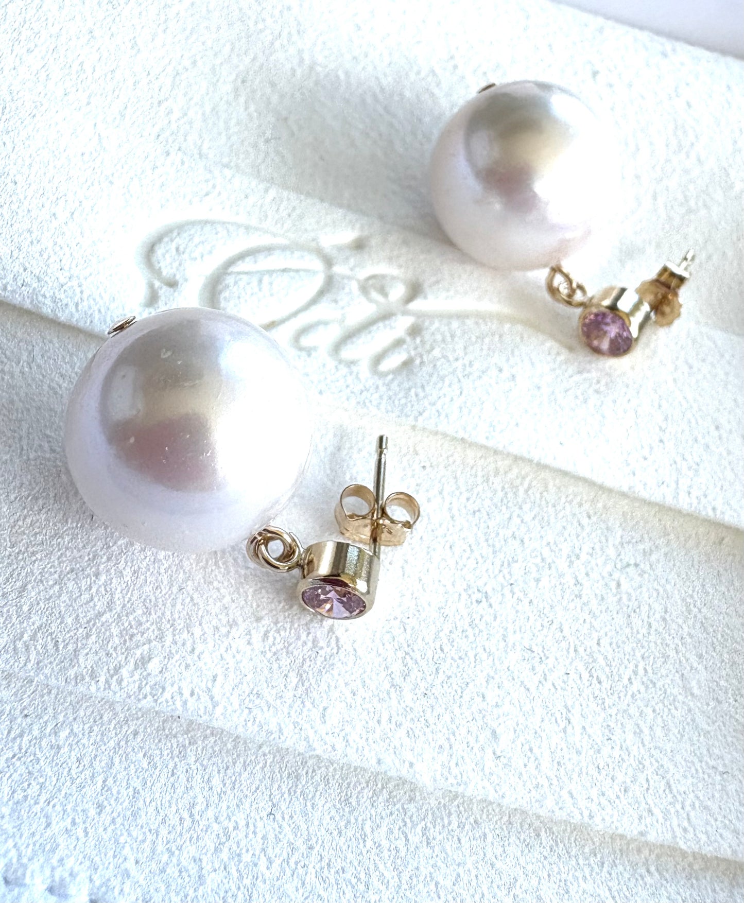 Pink Cubic Zirconia 14karat Gold Filled Pearl Stud Dangles