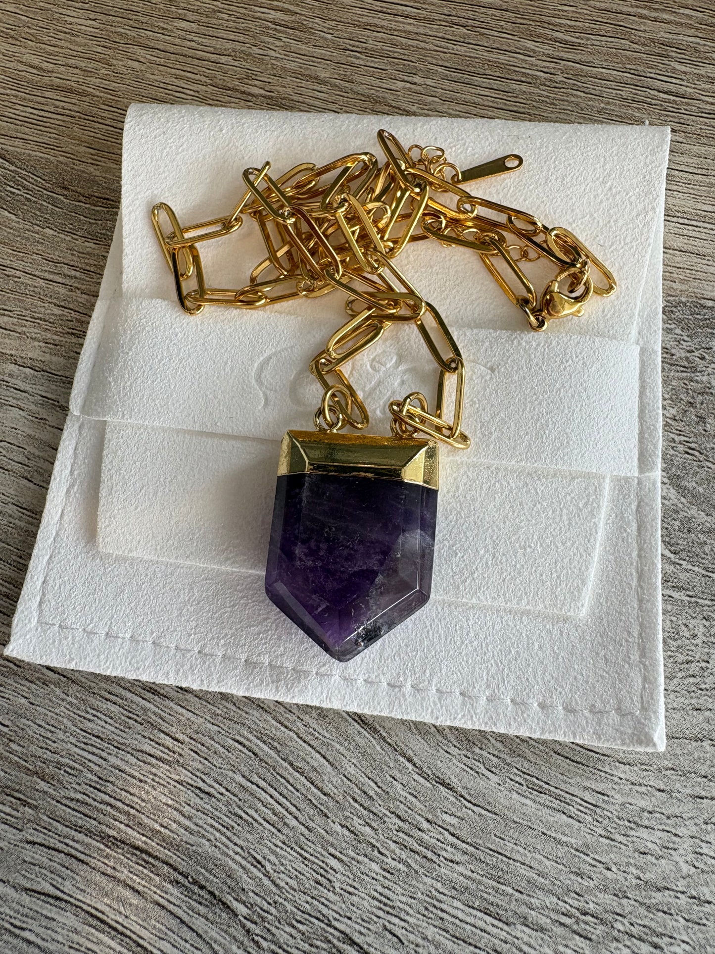 Amethyst Gemstone Paperclip Necklace Gold Stainless Steel