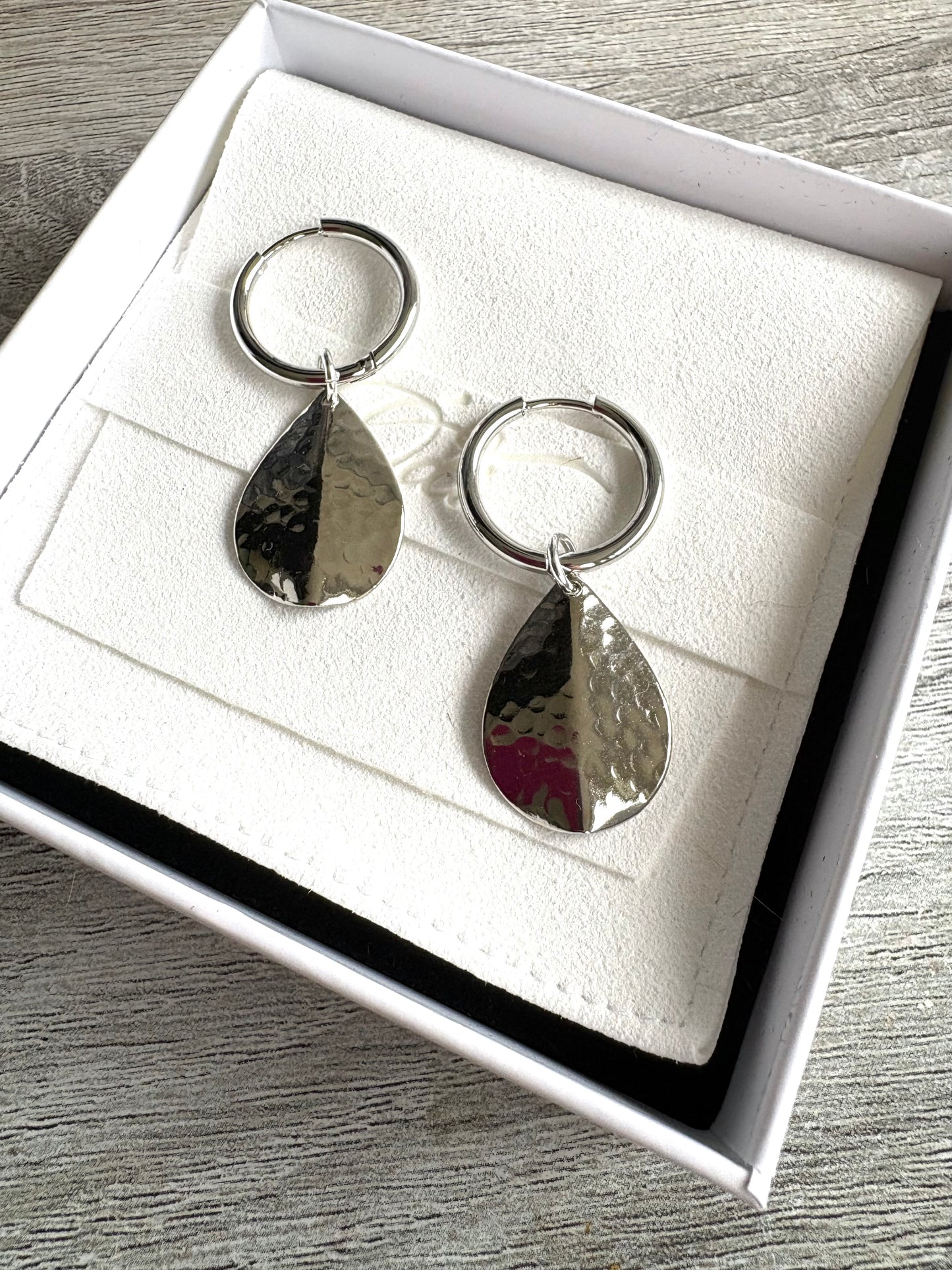 Hammered Texture Petal on Hoops Silver