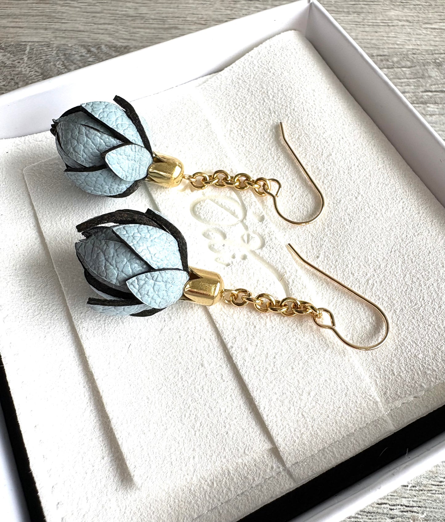 Light Blue Wild Flower Leather Chain Earrings