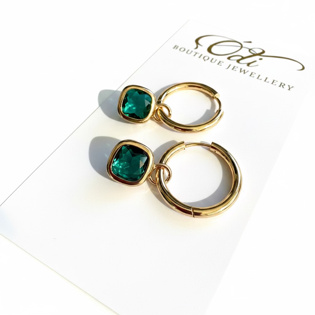Glass Cushion Hoops Emerald Green and Gold