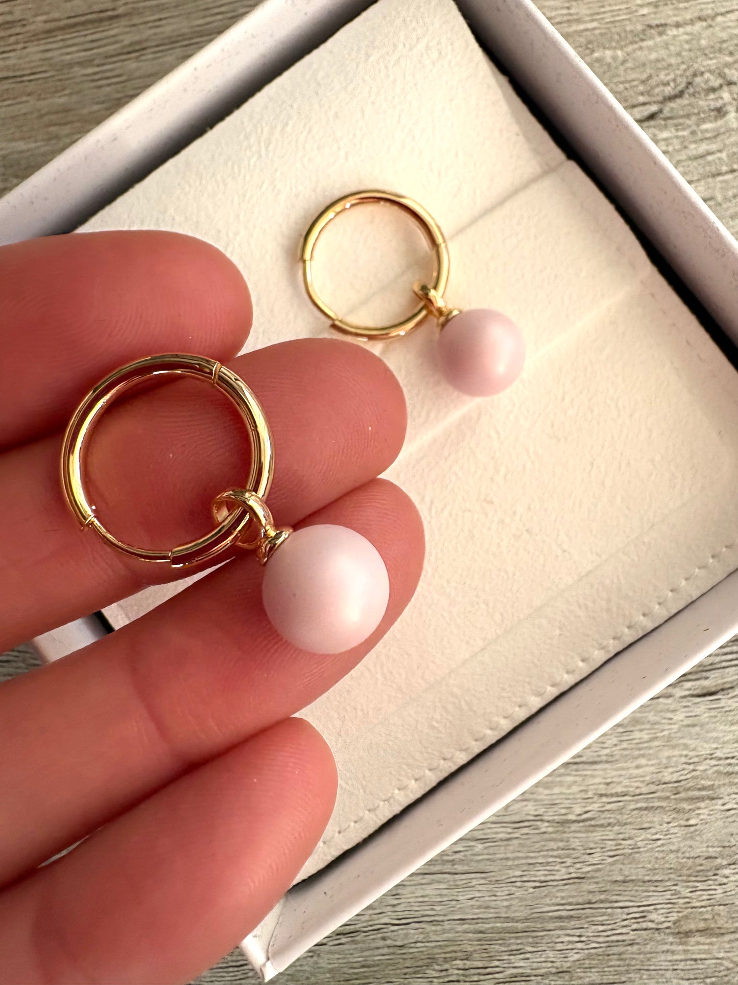 Baby Pink Pearl Rounds Gold Hoops