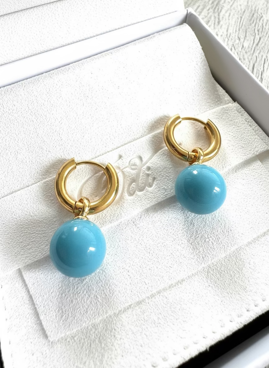 Pearl Rounds Turquoise on Stainless Steel Gold Huggies