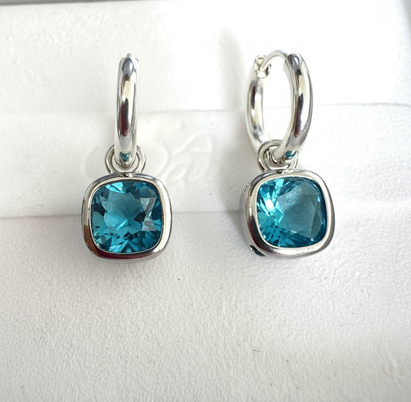 Glass Cushion Hoops or Huggies Silver/Aqua
