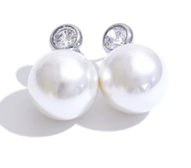 Pearl Stainless Steel round Cubic Zirconia Stud Earrings