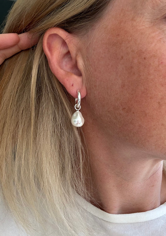 Baroque Pearl Huggie Hoops Silver