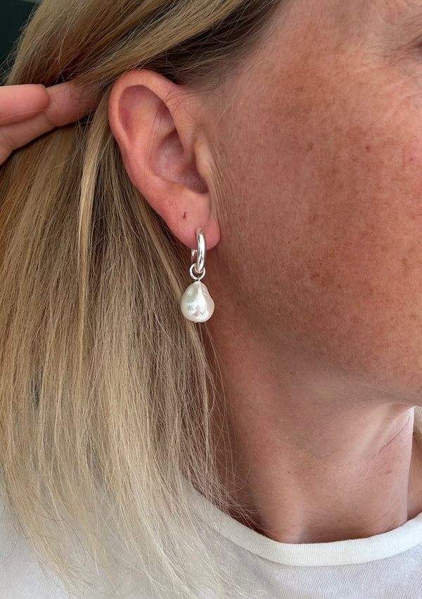 Baroque Pearl Huggie Hoops Silver