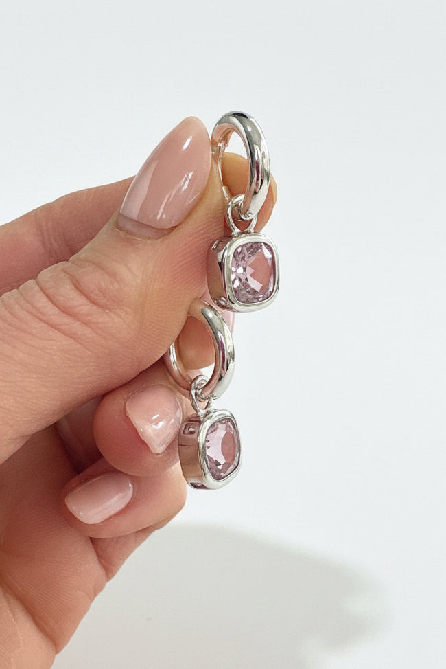 Pink Glass Cushion Hoops or Huggies Silver