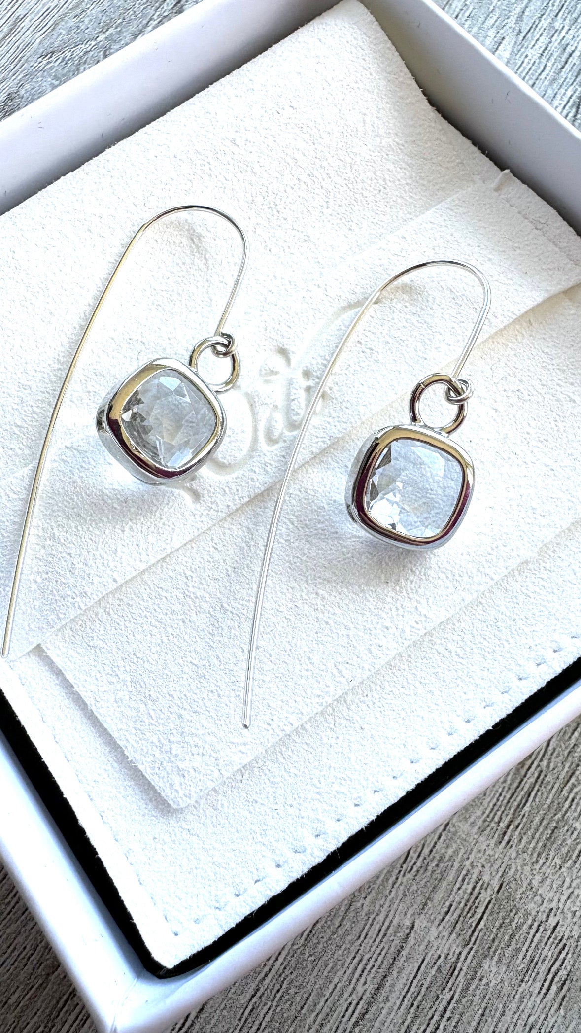 Silver Cushion cut Glass Statement Ear Wires in Sterling Silver