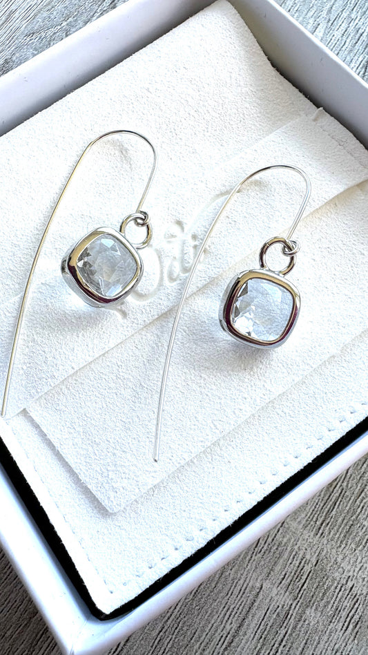 Silver Cushion cut Glass Statement Ear Wires in Sterling Silver