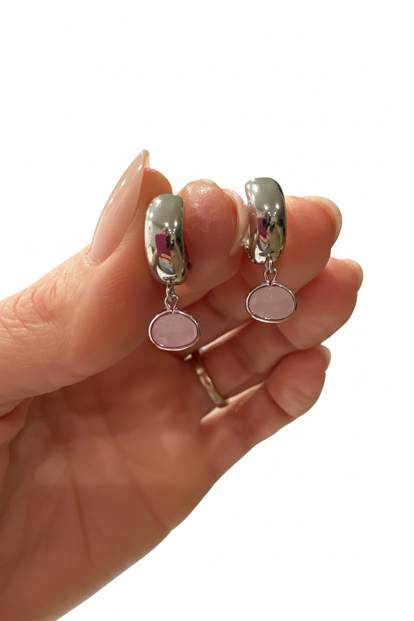 Milky Pink Droplet Jewel Huggies Silver