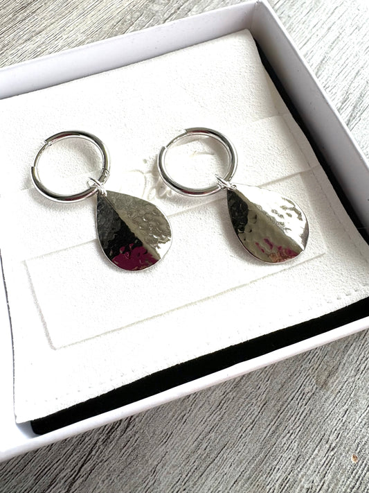 Hammered Texture Petal on Hoops Silver
