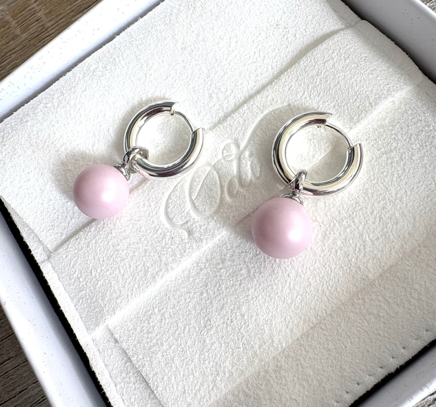 Baby Pink Pearl Rounds On Silver Hoops