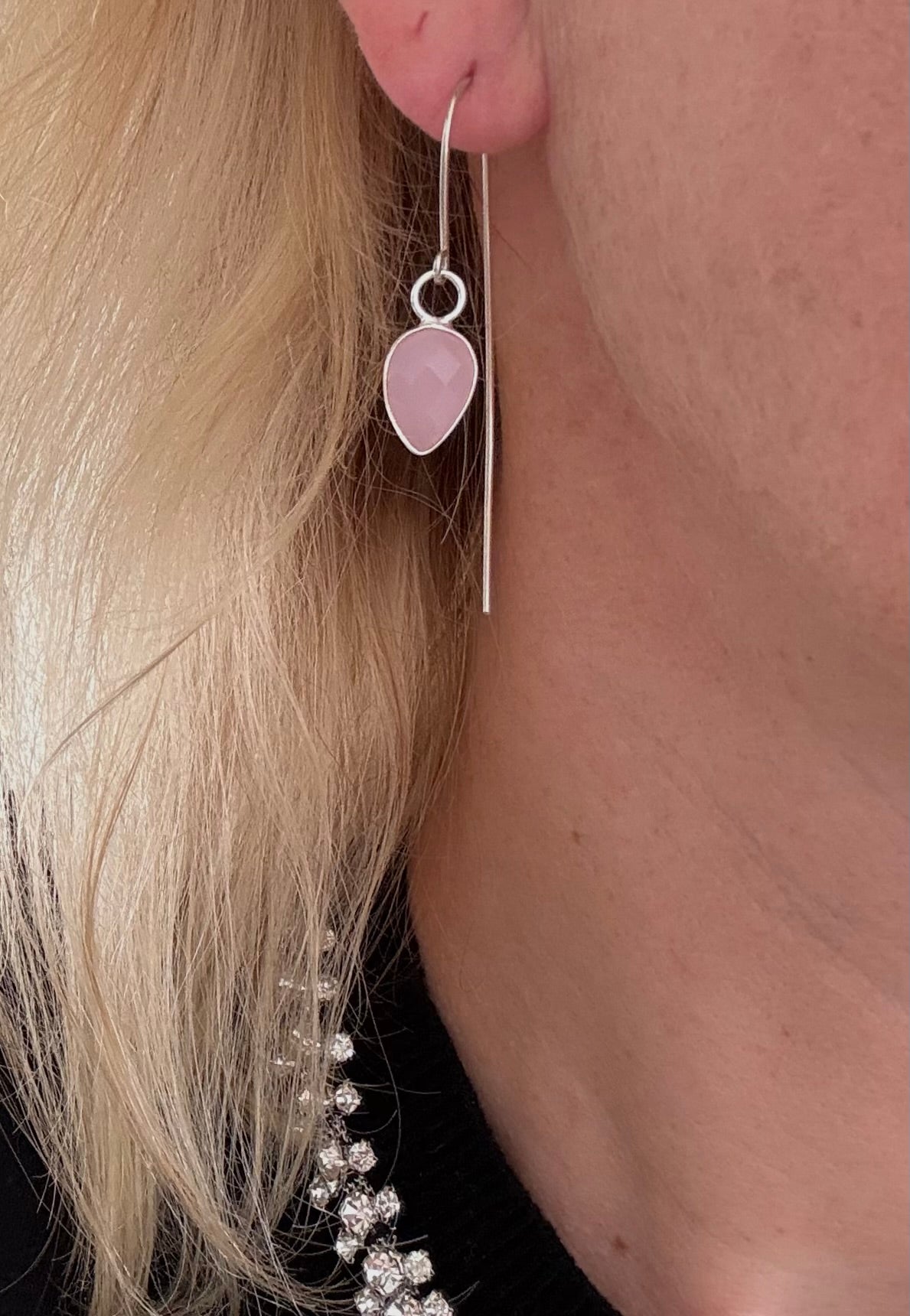 Pink Chalcedony Teardrops on 925 Sterling Silver Statement Ear wires
