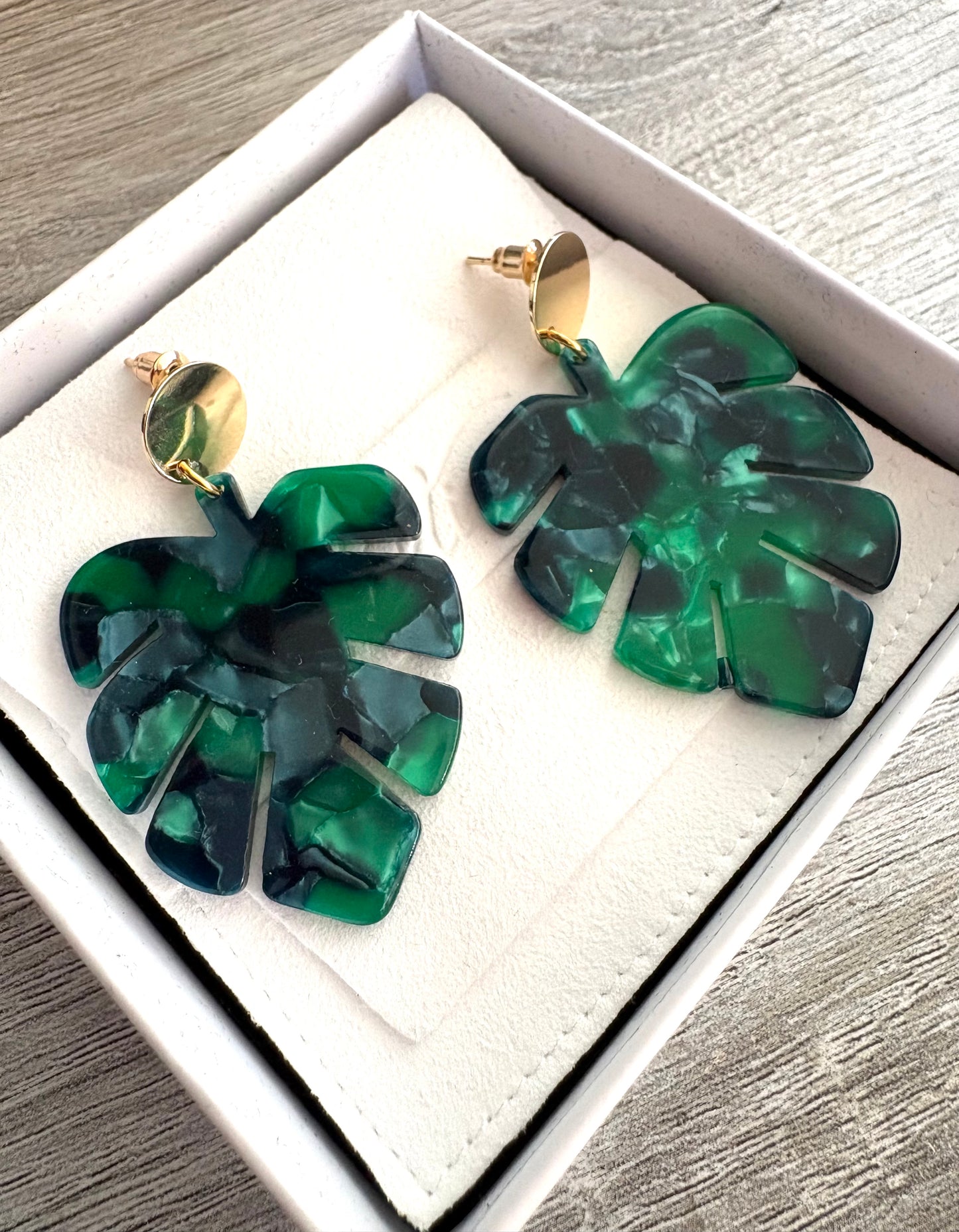 Large Green Monstera Leaf Earrings
