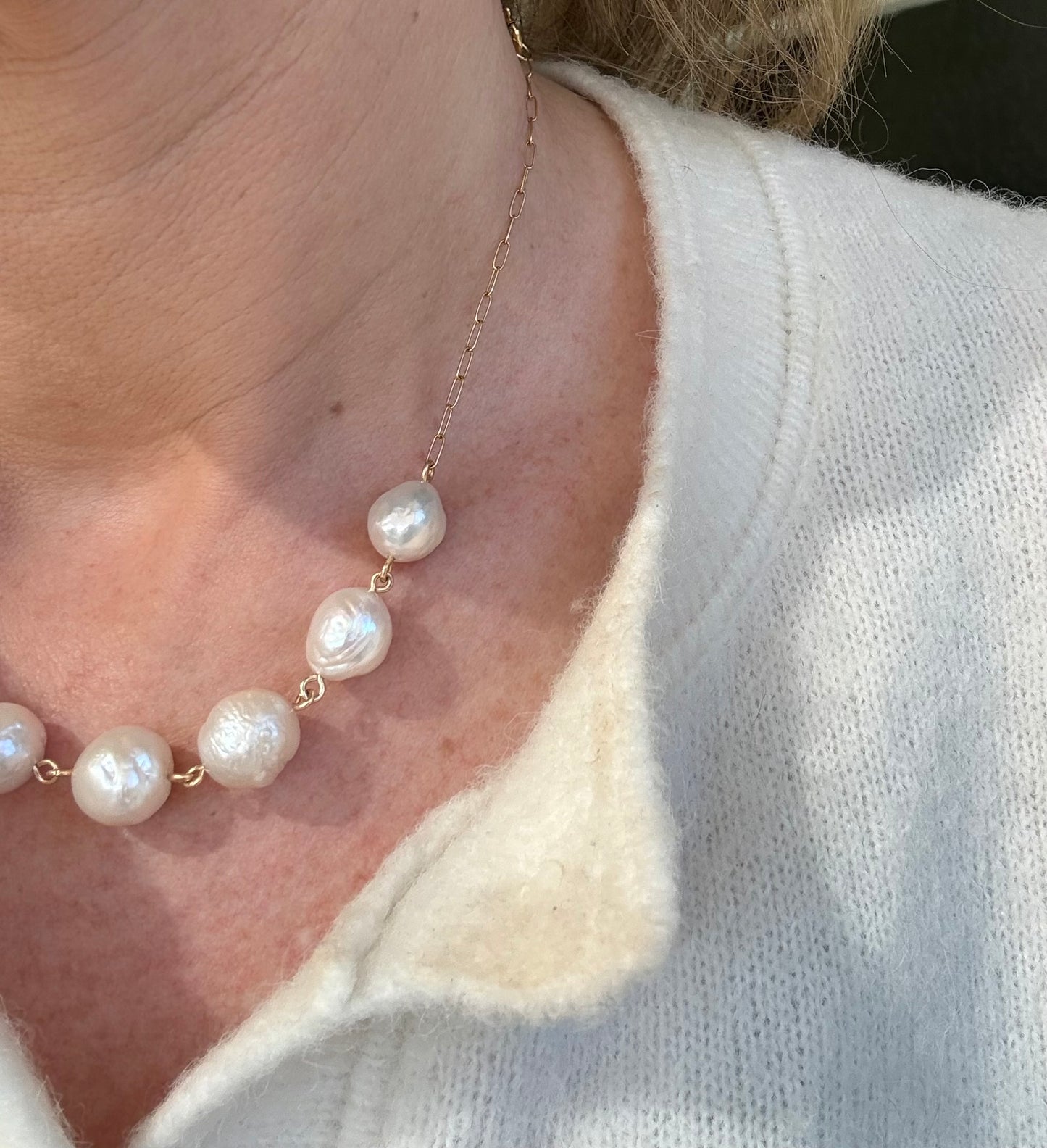 14Karat Gold Fill Linked Fresh Water Pearl Necklace with Paperclip Chain